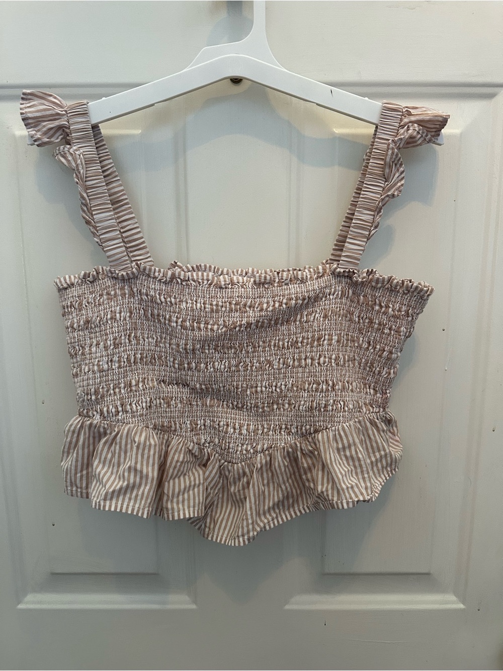 American Eagle Outfitters Smocked Ruffle Stripe Crop Top - Tan & White